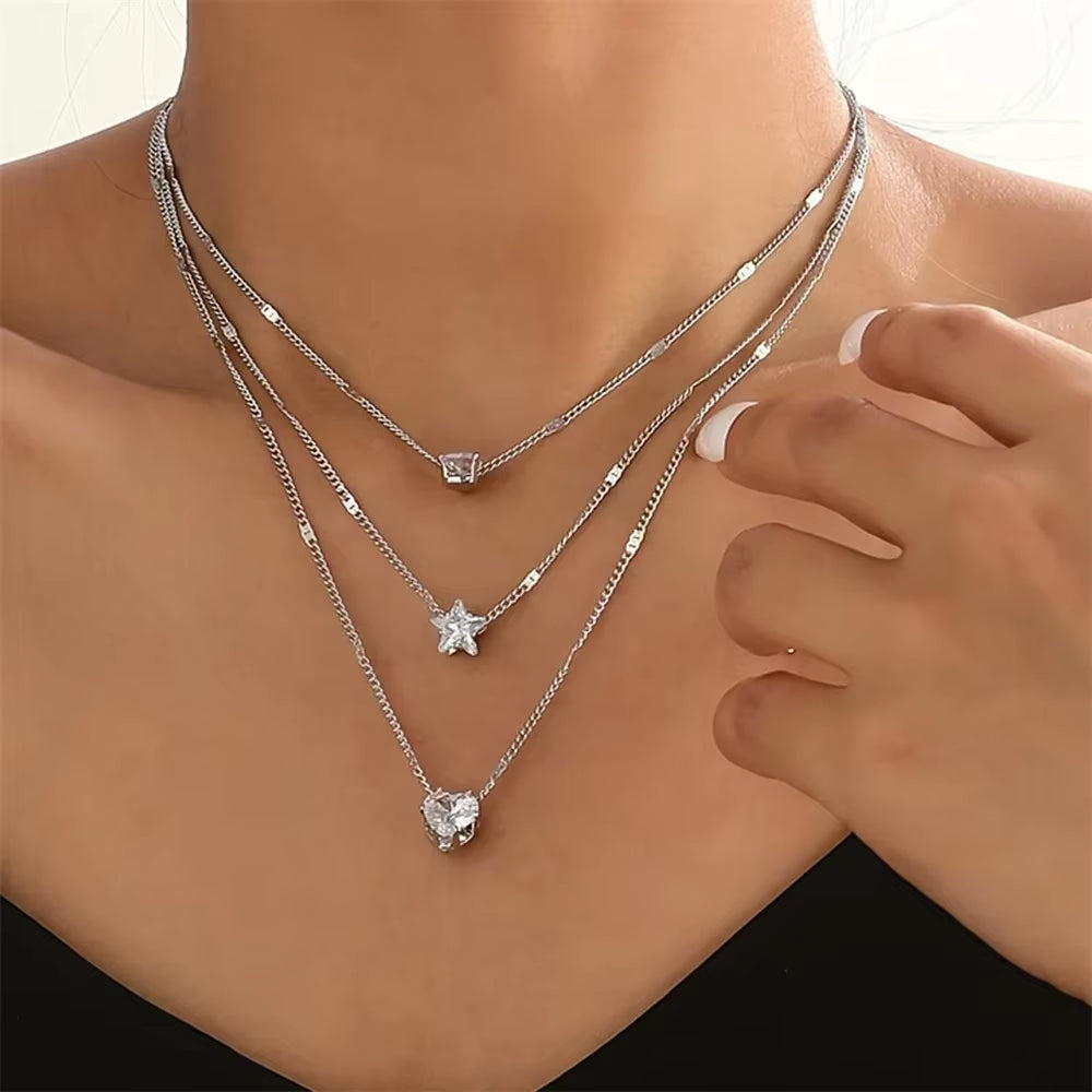 3Pcs/Set Vintage Shiny Rhinestone Love Heart Pendant Necklace Choker Bridal Neck Jewelry