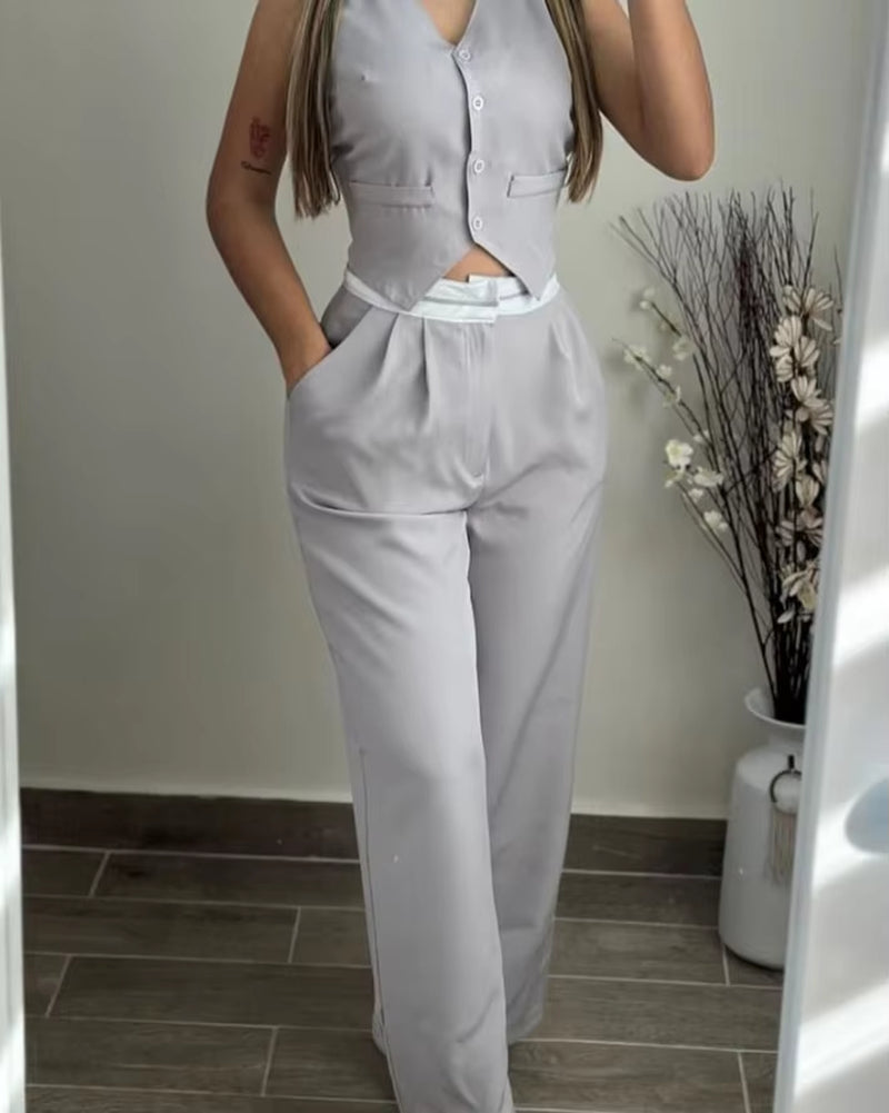 Two-Piece 2026 Summer Casual Sexy Elegant V-Neck Twist Button Tank Top and Pocket Design Pants Set 