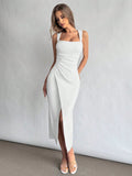 Waist Slit Dress, Elegant White Dress