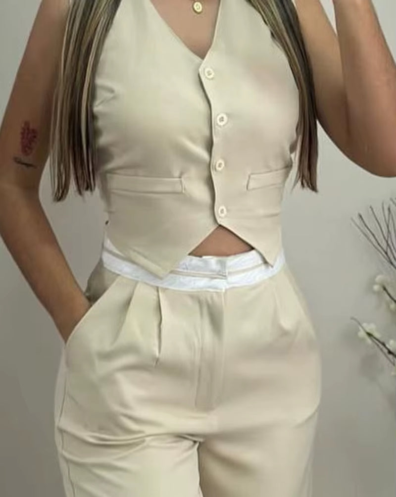 Two-Piece 2026 Summer Casual Sexy Elegant V-Neck Twist Button Tank Top and Pocket Design Pants Set 