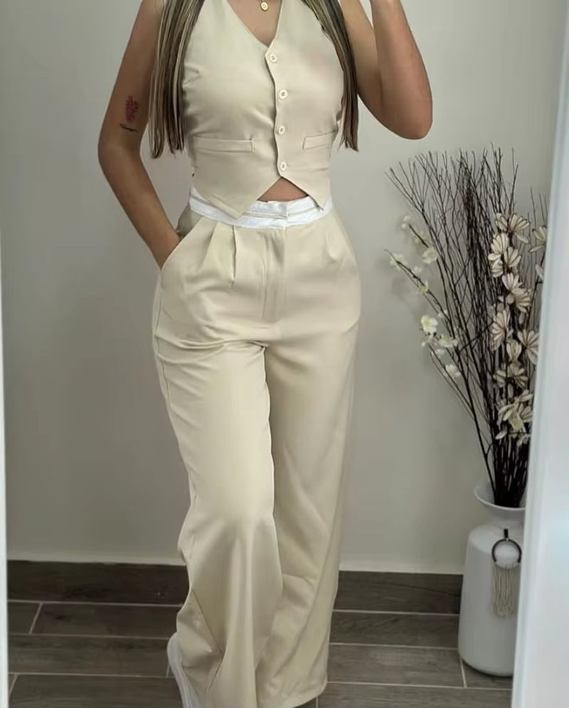 Two-Piece 2026 Summer Casual Sexy Elegant V-Neck Twist Button Tank Top and Pocket Design Pants Set 